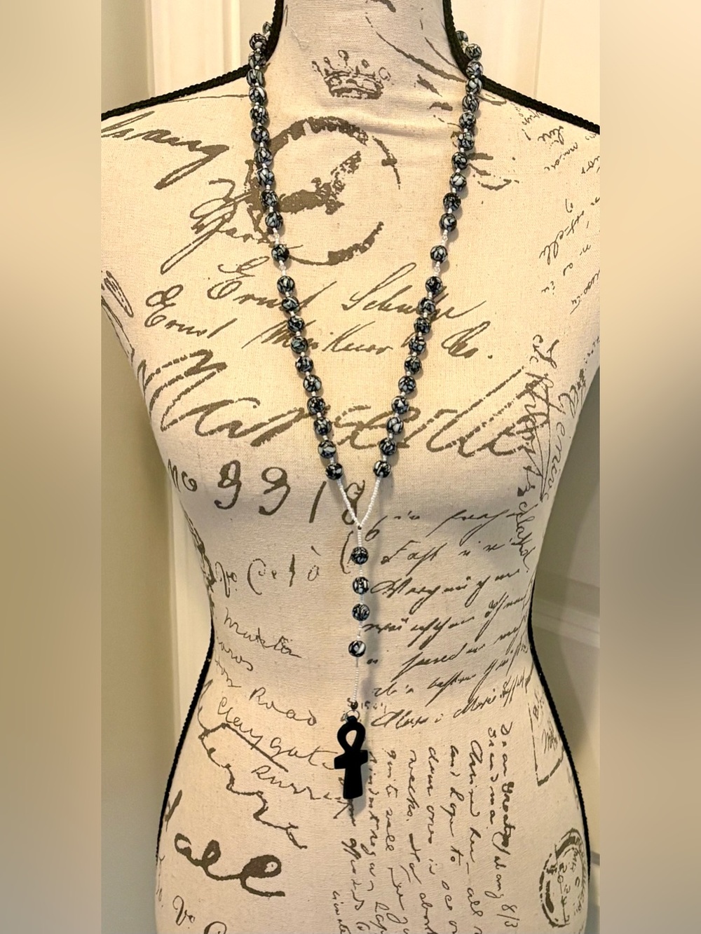 Vintage Artisan Egyptian Ankh Wood Pendant Long Beaded Lariat Necklace Boho 37”